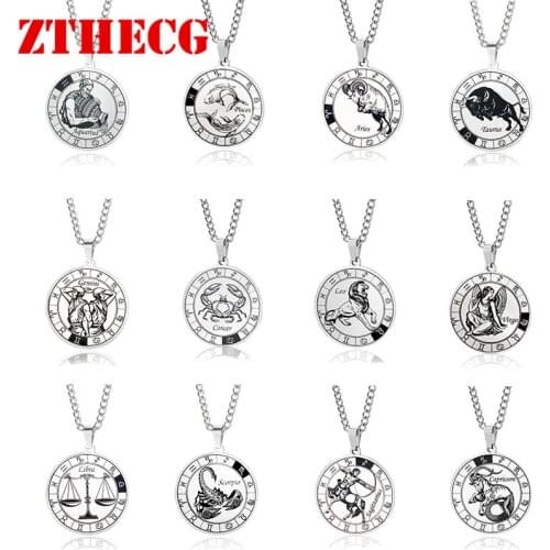 Retro Animal Pattern Twelve Constellations Pendant Necklace Men Women Couple Stainless Steel Jewelry Fashion Best Friend Gifts