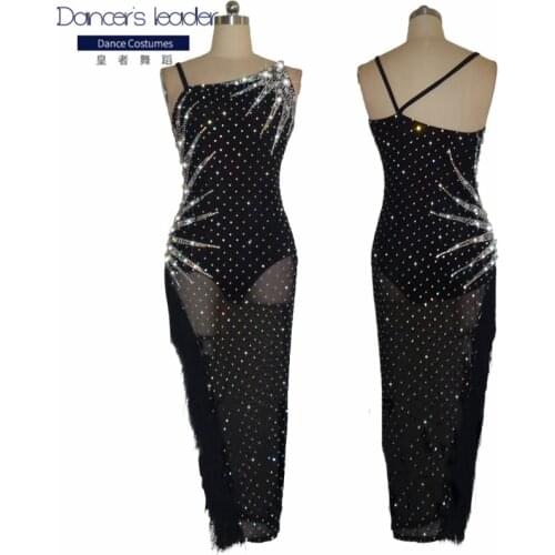 Latin Dance Dress Competition Dress Costumes Skirt Performing Dress Sparkly Rhinestones Black Slim Fit Stretch Velvet Customize