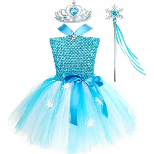 Princess Elsa Girls Dresses Kids Princess Dress Up Costume Snow Queen Birthday Party Tutu Dress Toddler Halloween Purim Cosplay