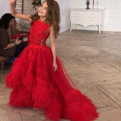 Amazing Feather Toddler Girls Pageant Dresses Jewel Neck Appliqued High Low Flower Girl Dress Beaded Tulle First Communion Gowns