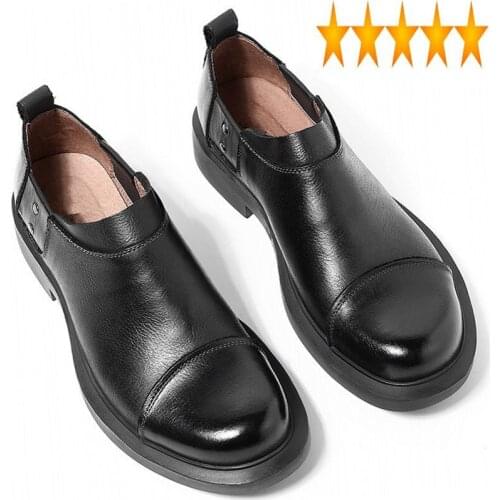 Casual British Round Toe Smart Mens Genuine Leather Formal Fashion Slip On Breathable Mid Heel Vintage Male Loafer Shoes