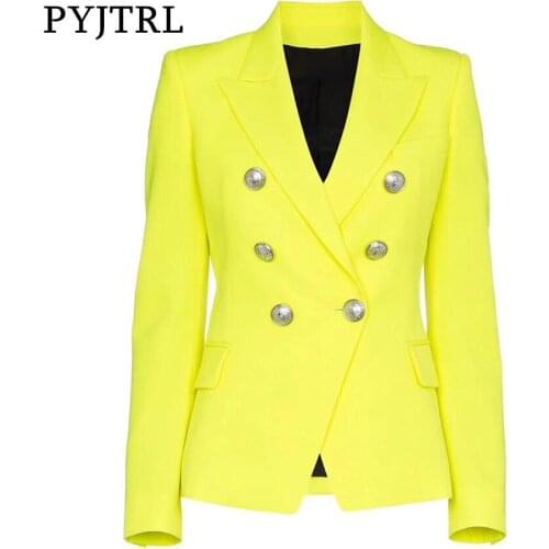 PYJTRL Womens Double Breasted Fluorescence Yellow Blazer Slim Suit Jacket