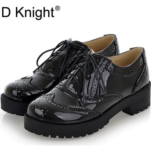 Size 34-43 New 2021 Vintage Black/White Round Toe Leather Oxfords Shoe Womens Ladies Lace Up Flat Platform Brogue Creepers Shoes