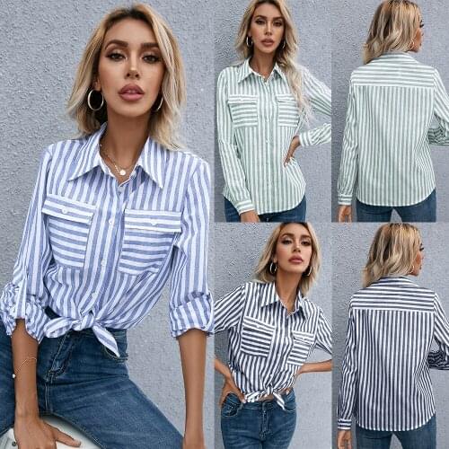 Casual Striped Shirt Blouse Woman Spring Fall Fashion Long Sleeve Button Shirts Top Blue Pocket Slim Office Tops Femme Clothing