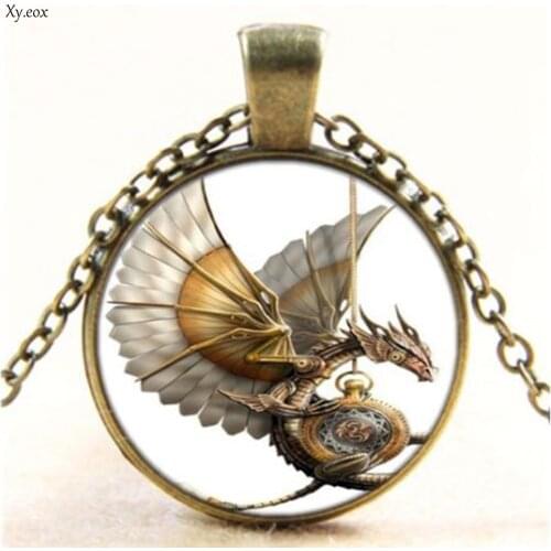 Steampunk Dragon Photo Cabochon Glass Bronze Chain Pendant Necklace Jewelery
