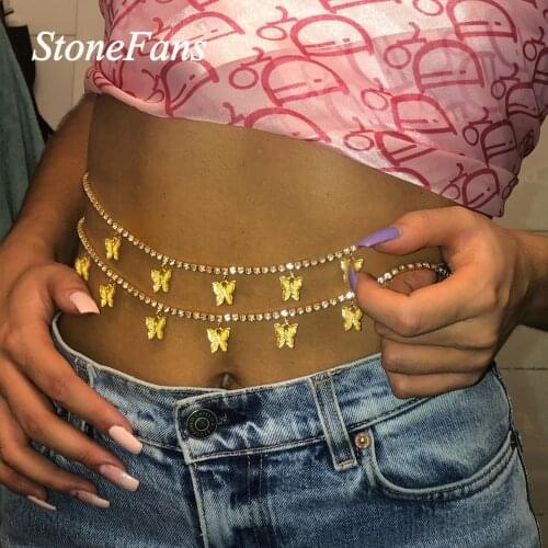 Stonefans Double Layer Butterfly Sexy Waist Chain Rhinestone for Women Beach Tennis Belly Body Chain Butterfly Waist Jewelry