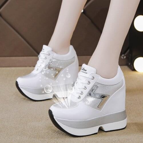 2020Spring High Platform Boots 12CM High Heel Women Thick Sole Shoes Leather Wedge Sneakers Waterproof Breathable Casual Shoes