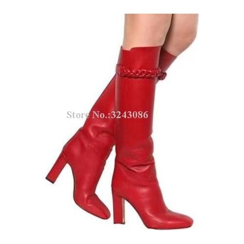 Red Color Leather Chunky Heel Ropes Long Boots Women Fashion Handmade Real Photos Knee High Boots Lady Banquet Shoes Dropship
