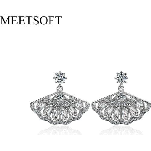 MEETSOFT 925 Silver Prevent Allergy Fashion Drop Earrings for Women Zircon Fan Rose Golden Small Jewelry Gift