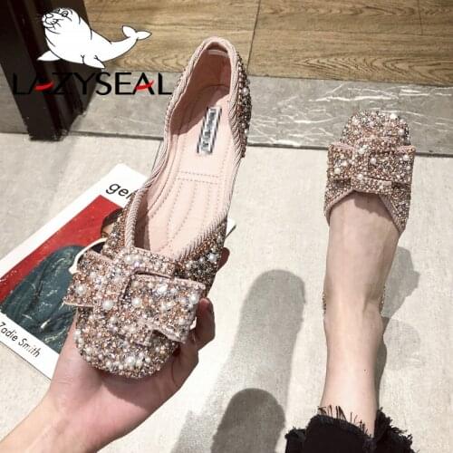 LazySeal Crystals Pearl Butterfly-knot Women Flats Bling Woman Shoes Ladies Soft Sole Square Toe Slip-on Bling Shoes