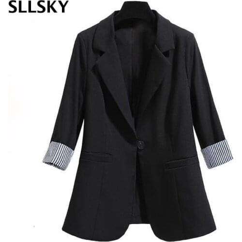 SLLSKY Single Button Women Blazers Spring Autumn New Fashion Elegant Blazer Three Quarter Sleeve Femenino Ladies Blazer Female