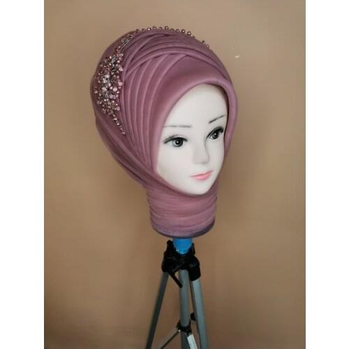 Womens Dried Rose Color Muslim Hijab Scarf Ready to Wear Turban Islamic Headscarf Female Head Wraps tulle Shawl wedding party