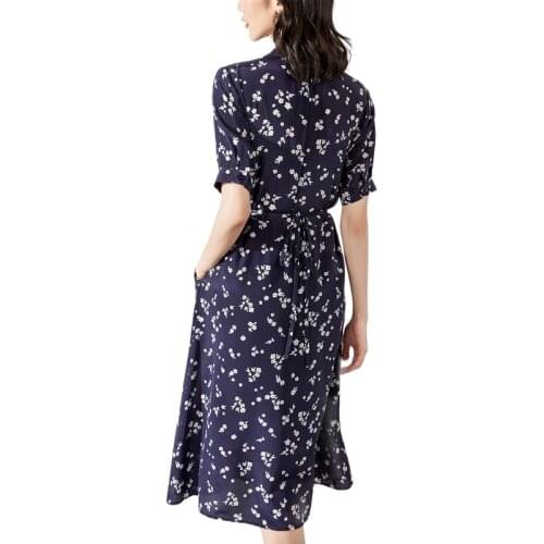 Blue Print Little Daisy Floral Silk Srepe Dresses Women 2021 Summer Long Casual Sexy Office Work Daily Dress Plus Size Slim Fit