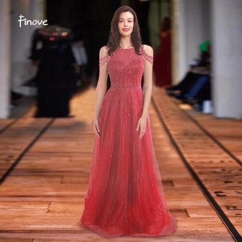 Finove 2020 New Prom Dress Elegant O Neck Beaded Crystals A Line Floor Length Evening Dress For Woman