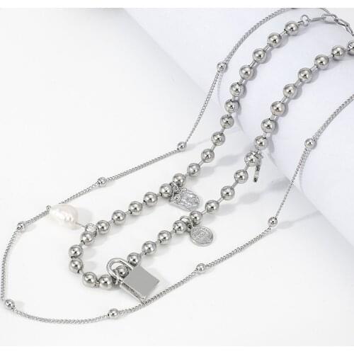 AENSOA Vintage Multilayer Lock Pendant Necklace for Women Pearl Geometric Tassel Charm Choker Necklaces Female Fashion Jewelry