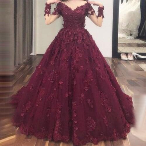 African Formal wedding Dresses long sleeve Robe de soiree Dubai Muslim Wine Red Wedding gown Turkish Aibye Glitter Kaftans Gown