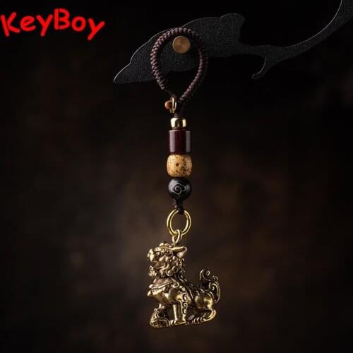 Pure Brass Car Key Chain Pendant Lion Figurines Vintage Men Trendy Handmade Keyring Lanyard Motorcyle Hanging Jewelry Keychains