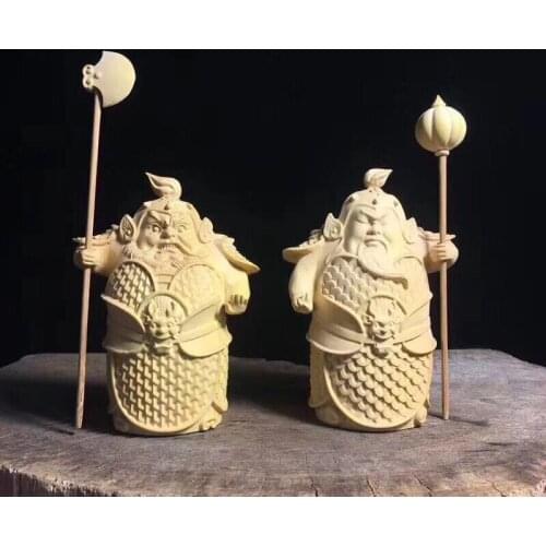 Arborvitae Boxwood Two Guardians of Ham and Ha Wooden Carved Ornaments Fortune Bringing and Home-Exorcising Door-God Gift Home
