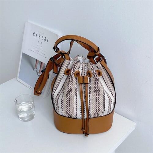 Elegant Women Handbag PU Leather Patchwork Bucket Shoulder Bag Female Color Contrast Crossbody Bag Fashion Drawstring Tote Bags