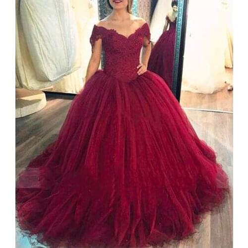 JIERUIZE Vintage Ball Gown Wedding Dresses Lace UP Back Burgundy Bridal Dress Cap Sleeves V Neck Robe de mariée
