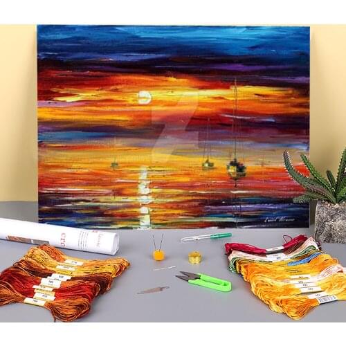Oil Painting Style Sunset Printed 11CT Cross-Stitch DIY Embroidery Set DMC Threads Sewing Handiwork Painting Handmade Floss