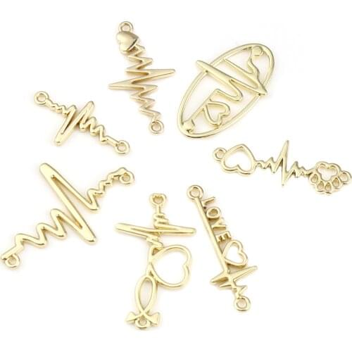 Fashion Medical Connectors Heartbeat Gold Color Metal Charms DIY Making Necklace Bracelets Women Party Jewelry Findings,10PCs