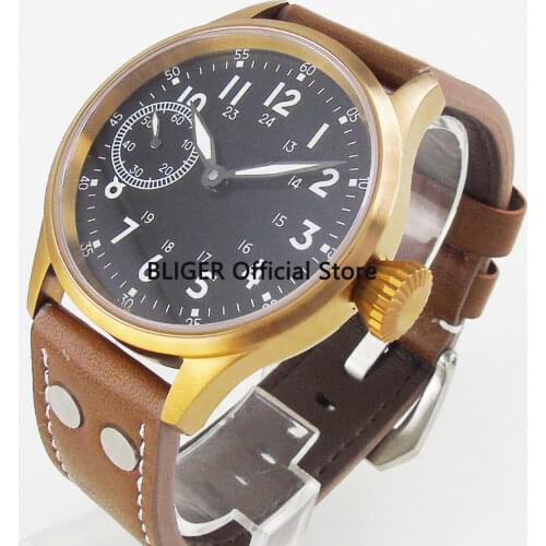 Sapphire 44mm Black Dial Mens Wristwatch Bronze Coated Case Luminous 17 Jewels Mechanical 6497 Hand Winding Movement C4A