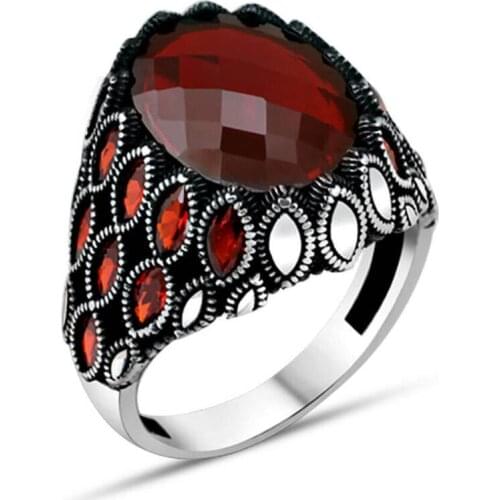 Men Silver Ring With Red Zircon Stone Made In Turkey Solid 925 Sterling Silver