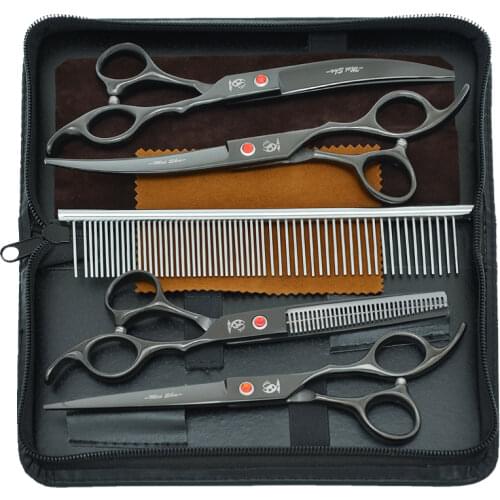 7.0" Professional Straight Cutting & Thinning & Curved Pet Shears Steel 440C Dog Grooming Scissors Cat Hairdressing Tools B0026A