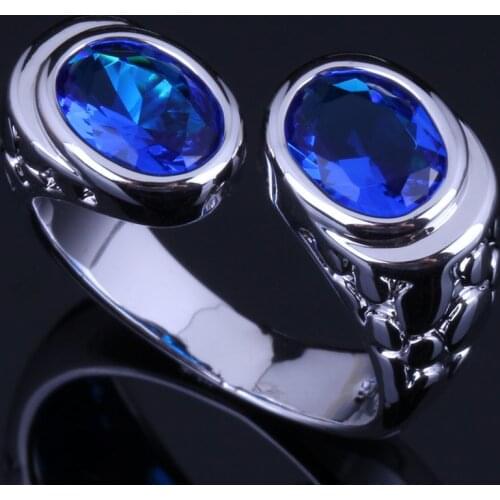 Very Good Double Oval Blue Cubic Zirconia Silver Plated Ring V0626