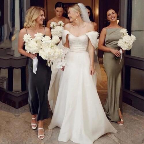 Simple Short Cap Sleeves Wedding Dresses Satin Scoop A-Line Wedding Gown Boho Custom Made White Ivory Bridal Dress Suknia ślubna