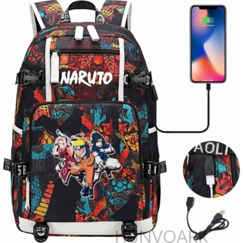 18 inch Anime Narutoes Uzumaki Sasuke USB Charging Backpack Schoolbag Travel Notebook Bags for Kids Students