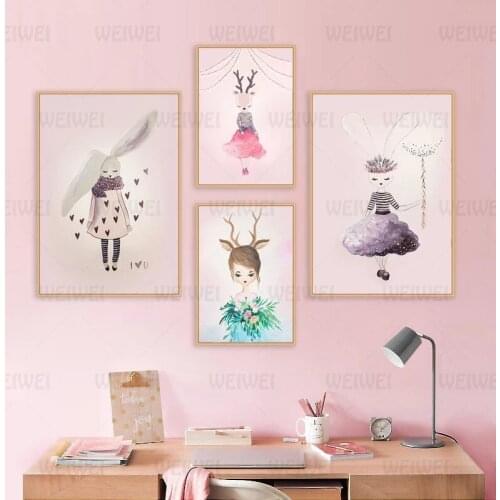 Rabbit Deer Girl Baby Nursery Wall Art Canvas Poster Scandinavian Children Bedroom Print Cutom Painting Kids Room Picture Decor