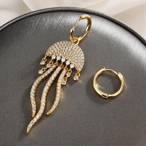 Luxury Fashion Gold Color Tassel Earrings Long Exaggerated Asymmetrical Jellyfish Earrings Earrings Dangle Rhinestone Earrings