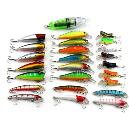 25Pcs Mixed Minnow Fishing Lure Artificial Hard Crank Bait Sinking Trout Bait Tackle + Fish Finder Lamp Light
