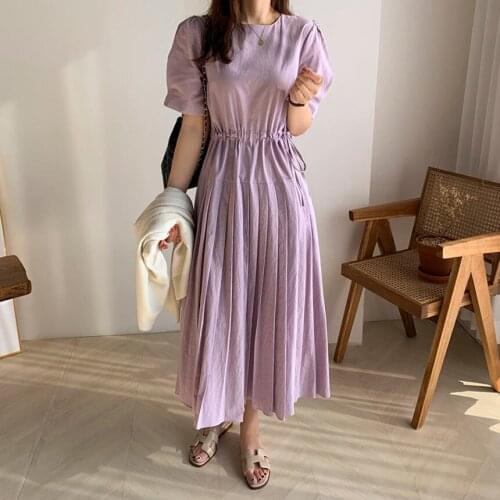 Korean Elegant Temperament Pleated Dress Woman One Piece Drawstring Design Puff Sleeve Party Dress Women Retro Japanese Dress