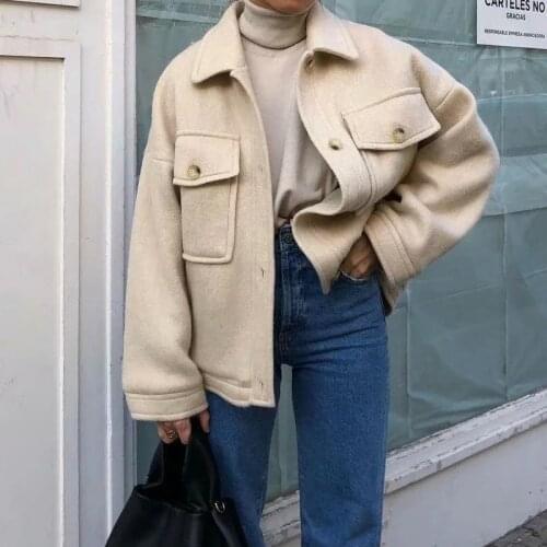 ZA 2021 New Autumn Winter Fashion Short Coat Women Loose Shirt Coat Casual Solid Ladies coat Solid Lapel Jacket