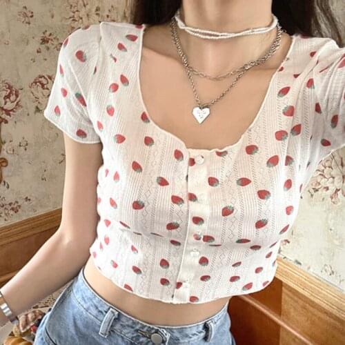 JMPRS Summer Hollow Out Women T Shirt Fashion Strawberry Print Short Sleeve Tees Knit Pullover Square Collar Cute Crop Top New