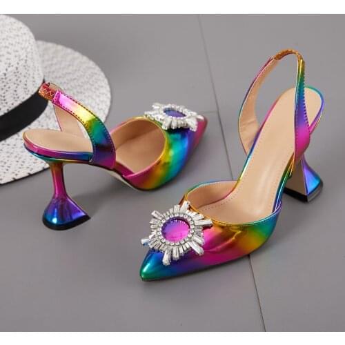 Womens Shoes Summer Pointed-Toe Rhinestone decoration for shoes Buckle Baotou Color Sandals Stretch Slip-on Slingback Pumps