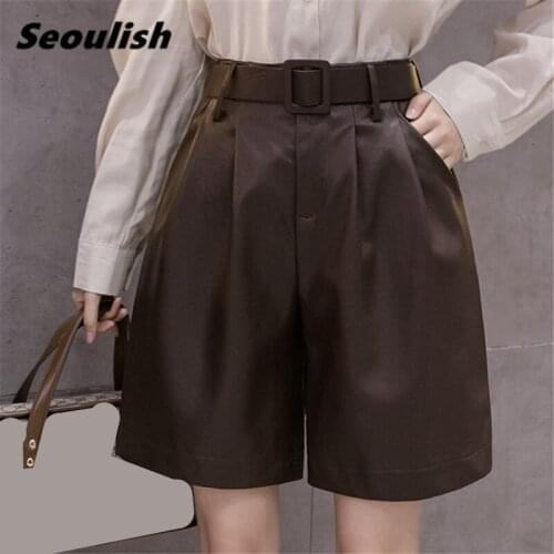 Seoulish 2021 New Autumn Winter Womens PU Leather Shorts With Belt Stylish High Waist Pockets Wide Legged Ladies Trouses Female