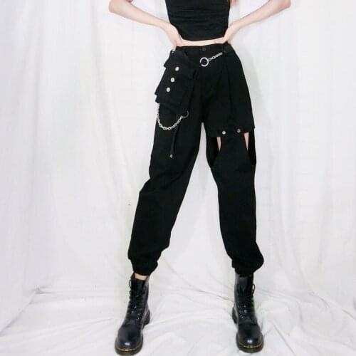 Spring Fashion Black Casual Cargo Pants For Women Hollow Out and Chain Decor Street Style Trousters