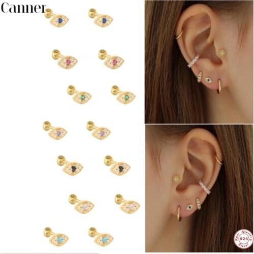 CANNER 1 Pair S925 sterling silver Stud Earrings Eyes Crystal Zircon Piercing Earings for Women ear bone Fine Jewelry pendientes