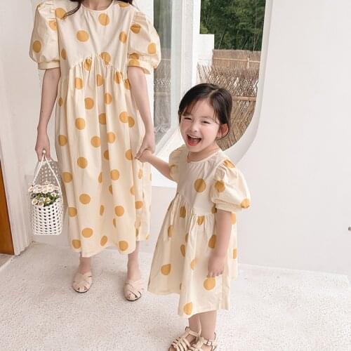 Summer 2021 Korean style fashion dot Family Matching dresses MOM and daughter short sleeve high waist casual dress