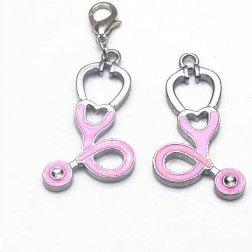 20pcs/lot Pink Stethoscope Dangle Charms With Lobster Clasp Charms Fit DIY Bracelet Floating Charms Jewelry For Doctor Gift