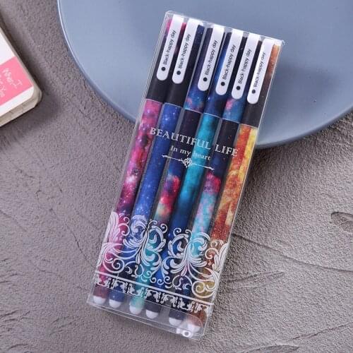 6Pcs/Set Creative Cartoon Gel Pen Kawaii Starry Sky Fruit Floral 0.5mm Black Stationery Student Writing Pen Cute School Supplies