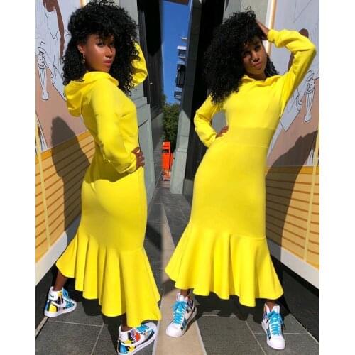 BKLD Plus Size Women Clothing Long Sleeve Solid Color Fashion Streetwear Mermaid Ruffles Hem Hooded Dresses For Women 2021