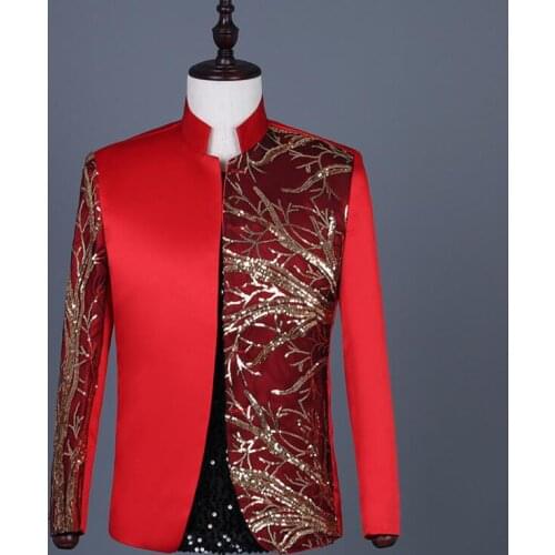 Sequins blazer men Chinese tunic suit jacket mens stage singers clothes dance star style dress punk rock masculino homme red
