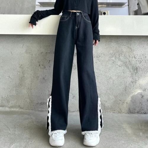 Black Denim Women Autumn High Waist Straight Leg Pants with Lace Trim Side Split Wide Leg Y2k Jeans Loose Denim Trousers