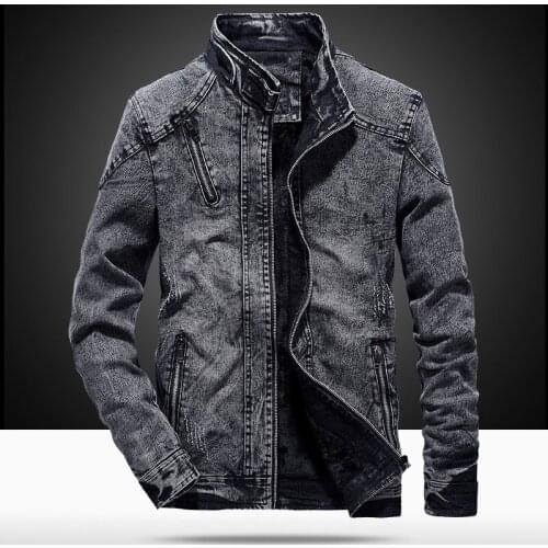 Cotton Denim Jacket Men Stand Collar Zipper Men Jacket Slim Fit Vintage Hip Hop Streetwear Coat Korean Style Casaco Masculino