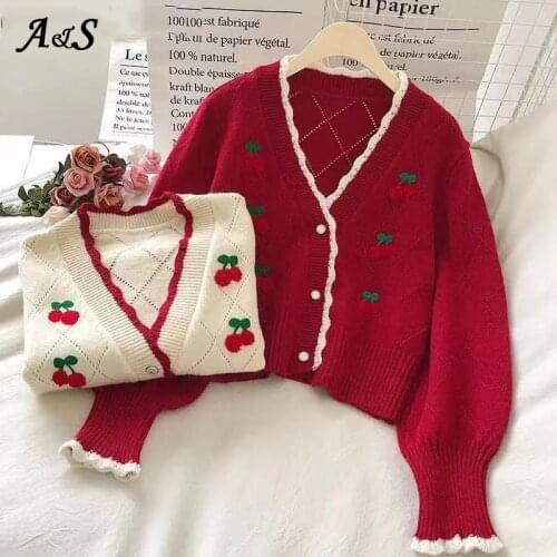 Anbenser Autum Winter Embroidered Cardigans Knit Wear Sweet Knitted Single Puff Sleeve V-Neck Cherry Sweaters Women Cardigan
